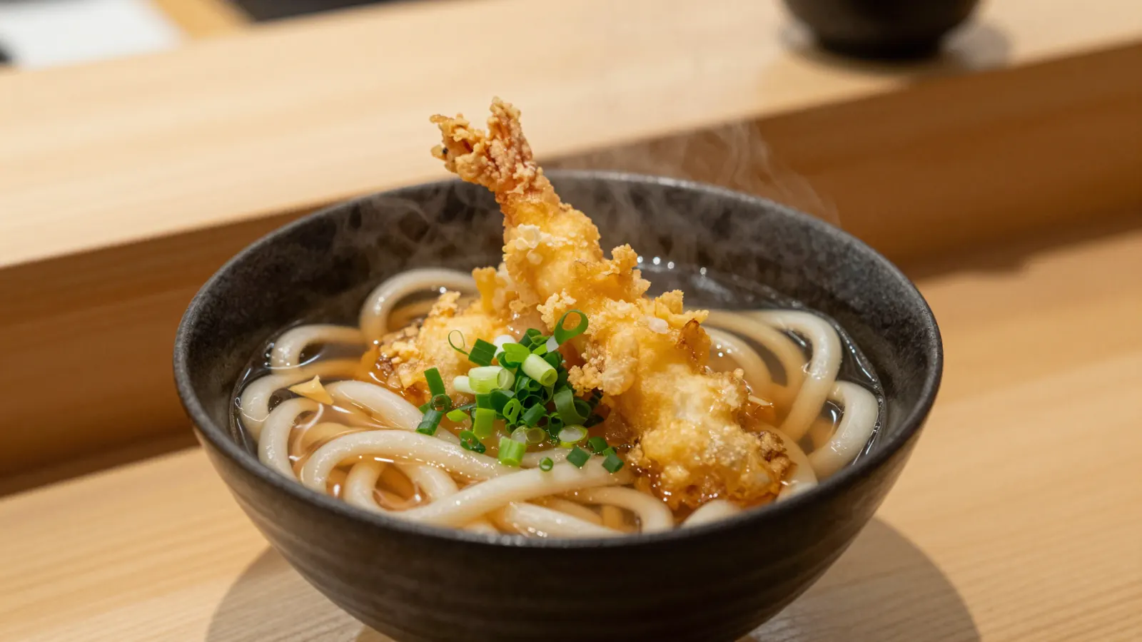 A bowl of udon in clear broth topped with a kakiage fritter and spring onions