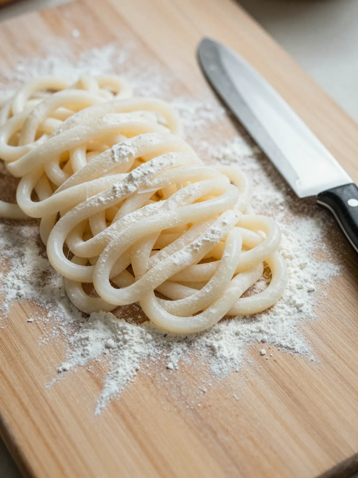 Freshly cut thick udon noodles