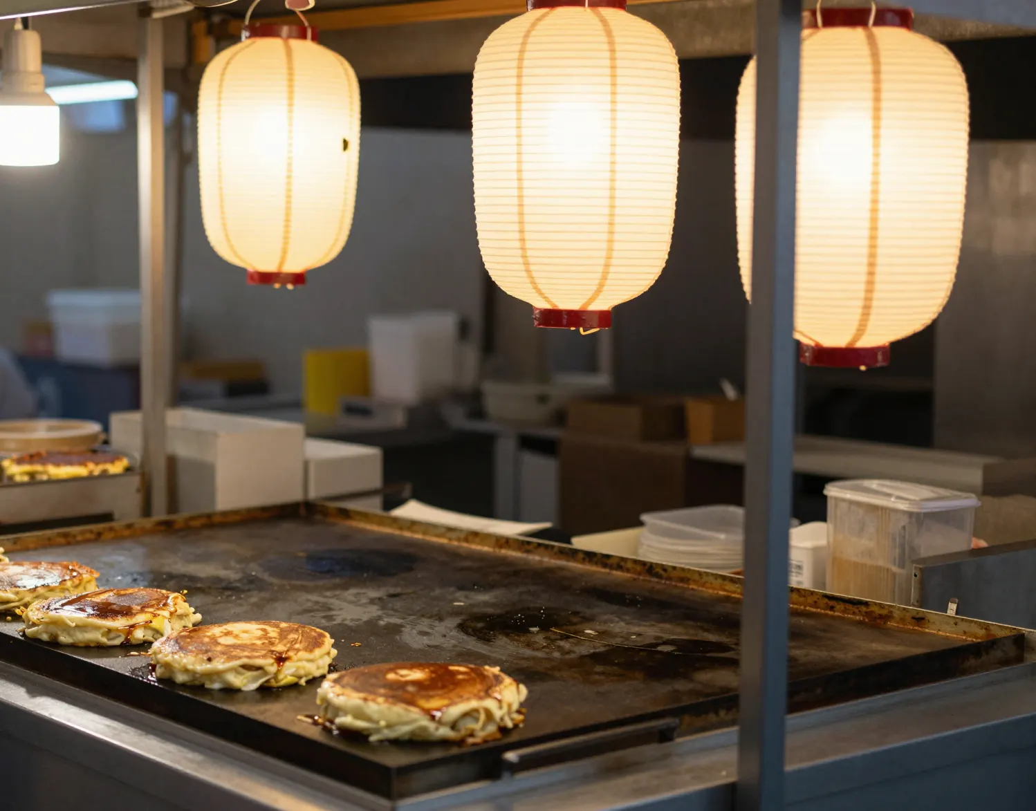 A Japanese street food stall at a night market, with okonomiyaki on the griddle